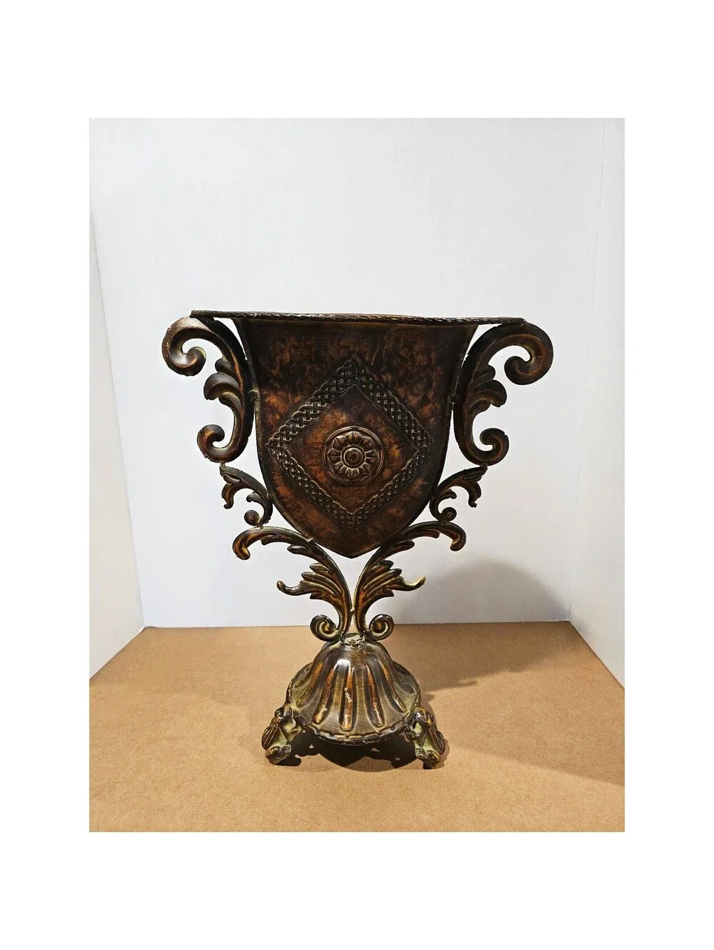 Ornate Bronze Metal Wall Pocket Urn Planter Scrollwork Shield Design Flat Back